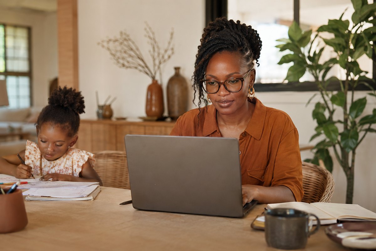 Une collaboratrice travaille depuis son domicile, un enfant à ses côtés.