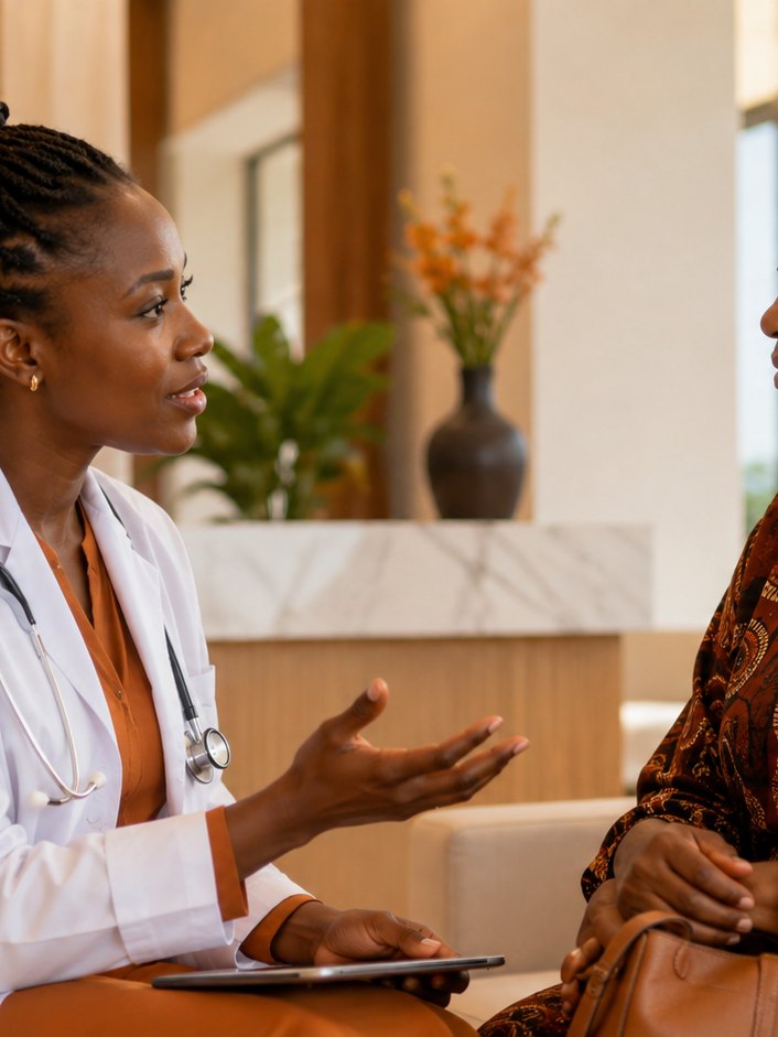 Une consultation avec une professionnelle de santé, dans un espace clair.