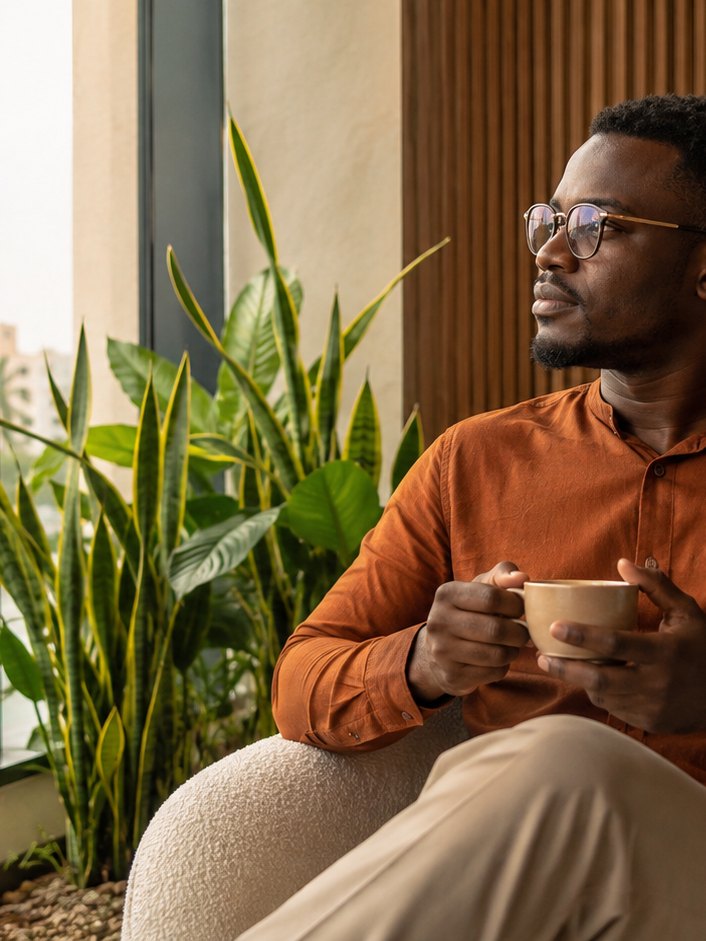 Une personne prend une pause avec une tasse, dans un espace détente végétalisé.