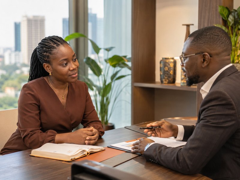 Un entretien professionnel dans un bureau, illustrant le secteur de la banque, de la finance et de l'assurance.