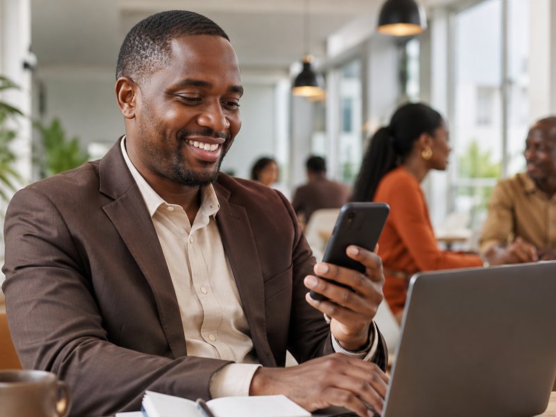 Un professionnel consulte un téléphone et un ordinateur, illustrant le secteur des télécommunications et des technologies.