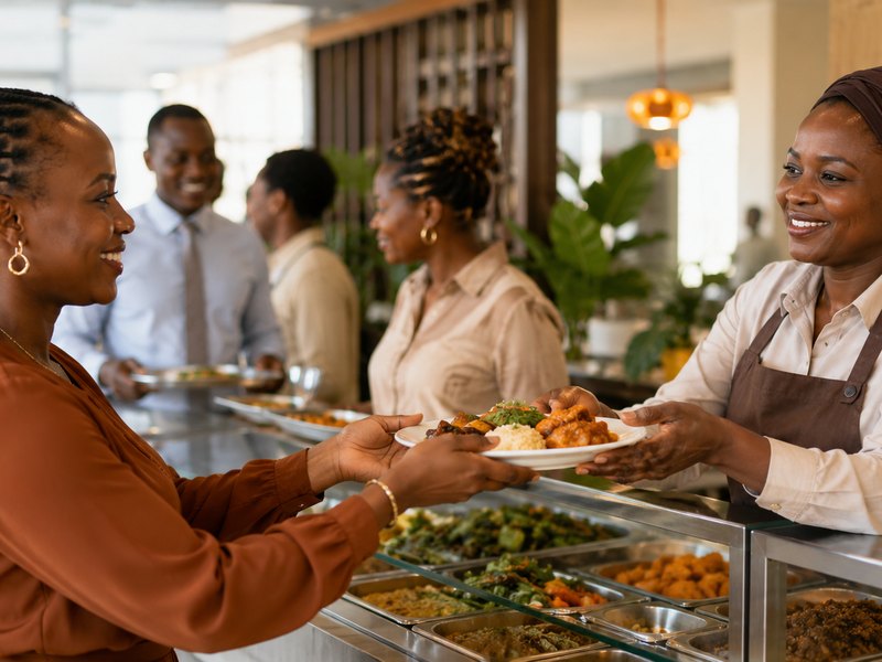 Un service de restauration collective, illustrant les équipes en contact direct avec la clientèle.